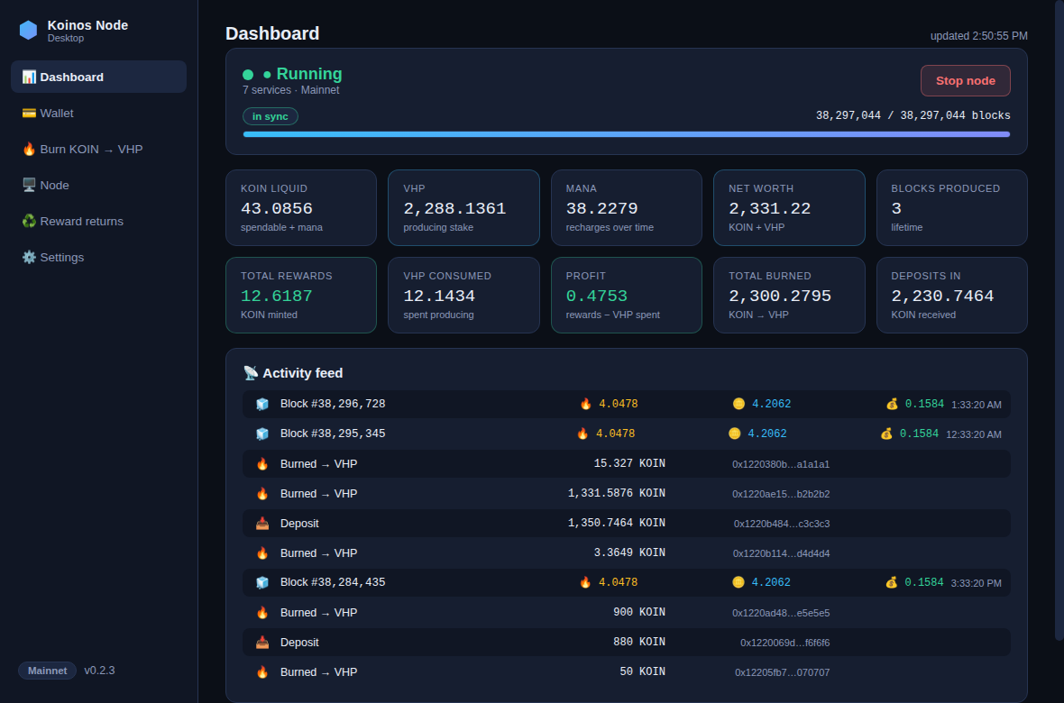 KoinosKit dashboard showing node status, balances, block rewards and a live activity feed