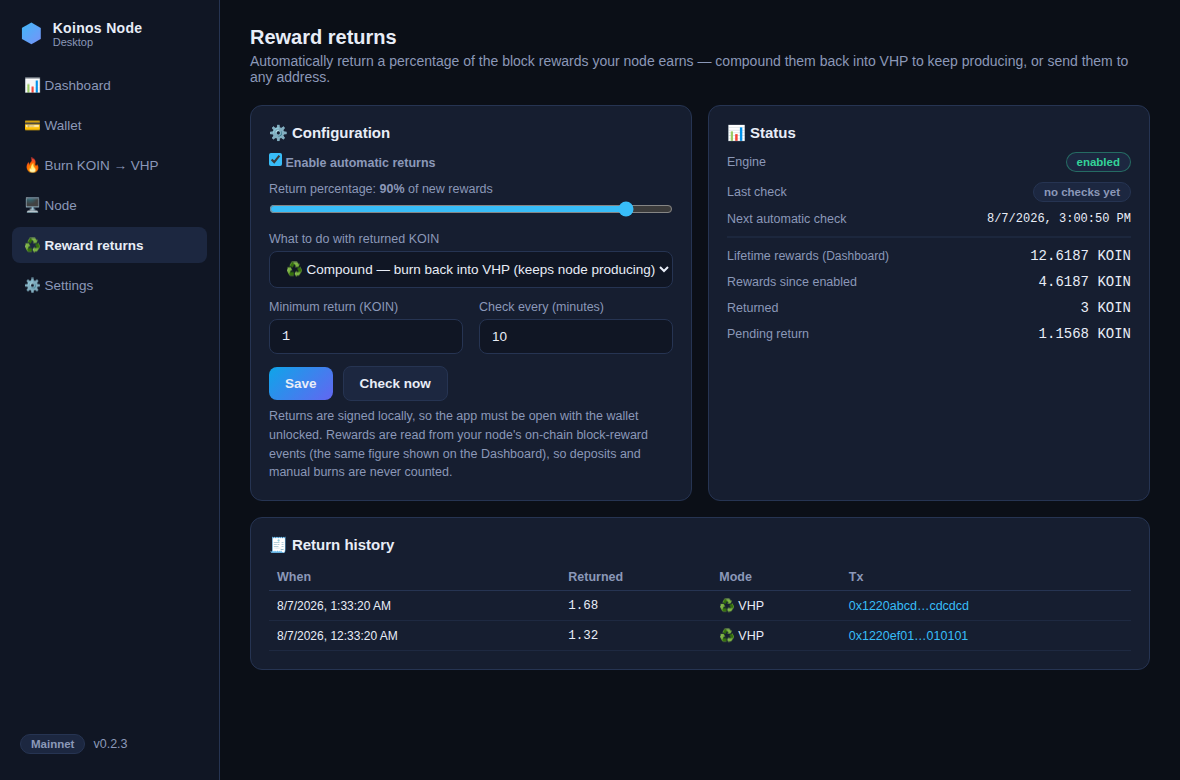 KoinosKit reward returns screen